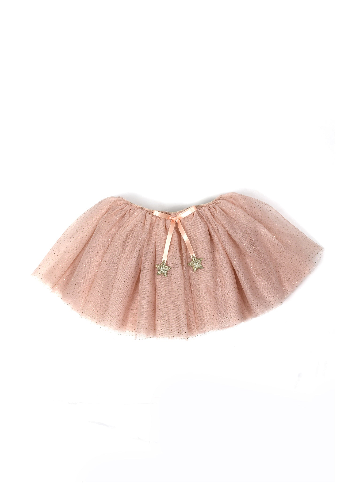 Saia com brilhantes, estrelas e purpurinas, cor-de-rosa e dourada, que faz parte de um disfarce para crianças.
